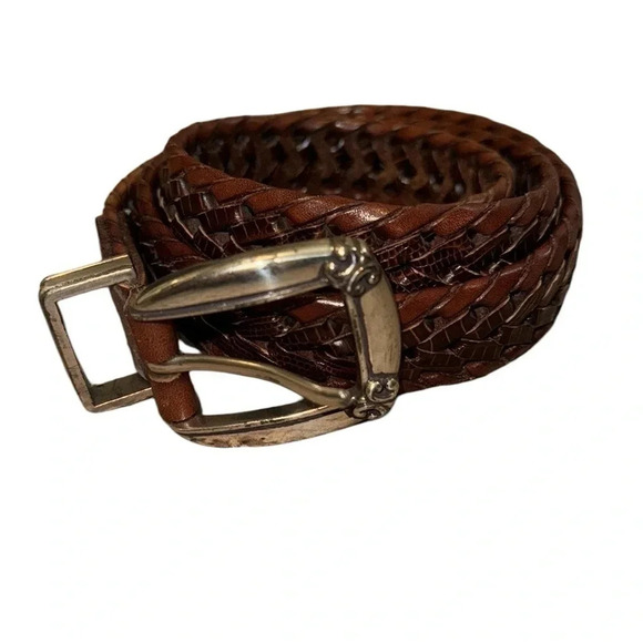 Fossil Brown Leather Woven Belt Silver Buckle Size Medium - Picture 1 of 7
